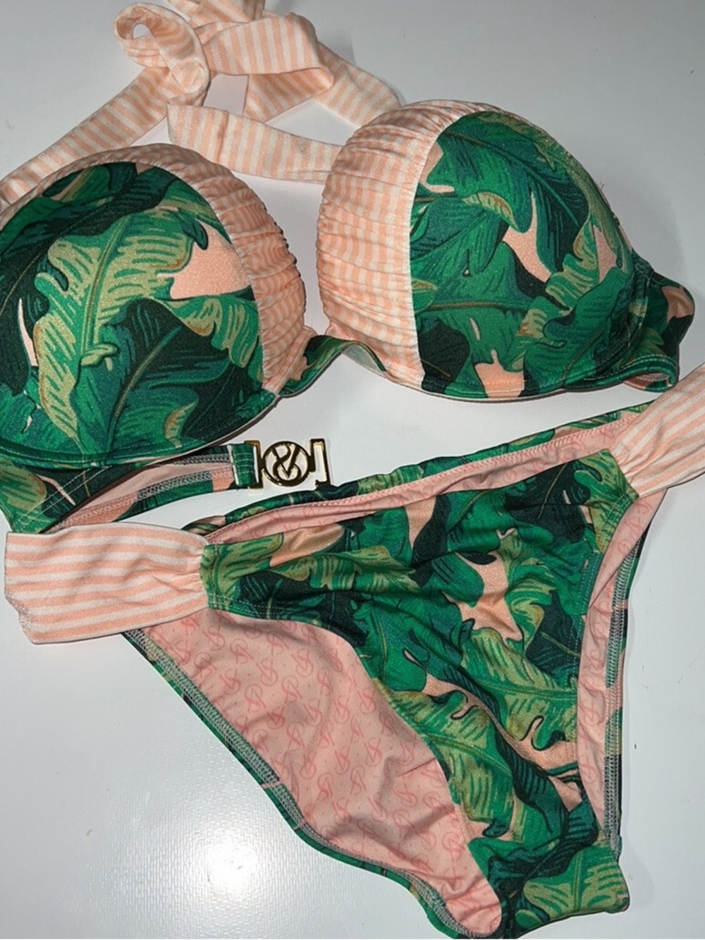 Victoria's Secret Green Tropical Leaf & Peach Stripe Push-Up Bikini